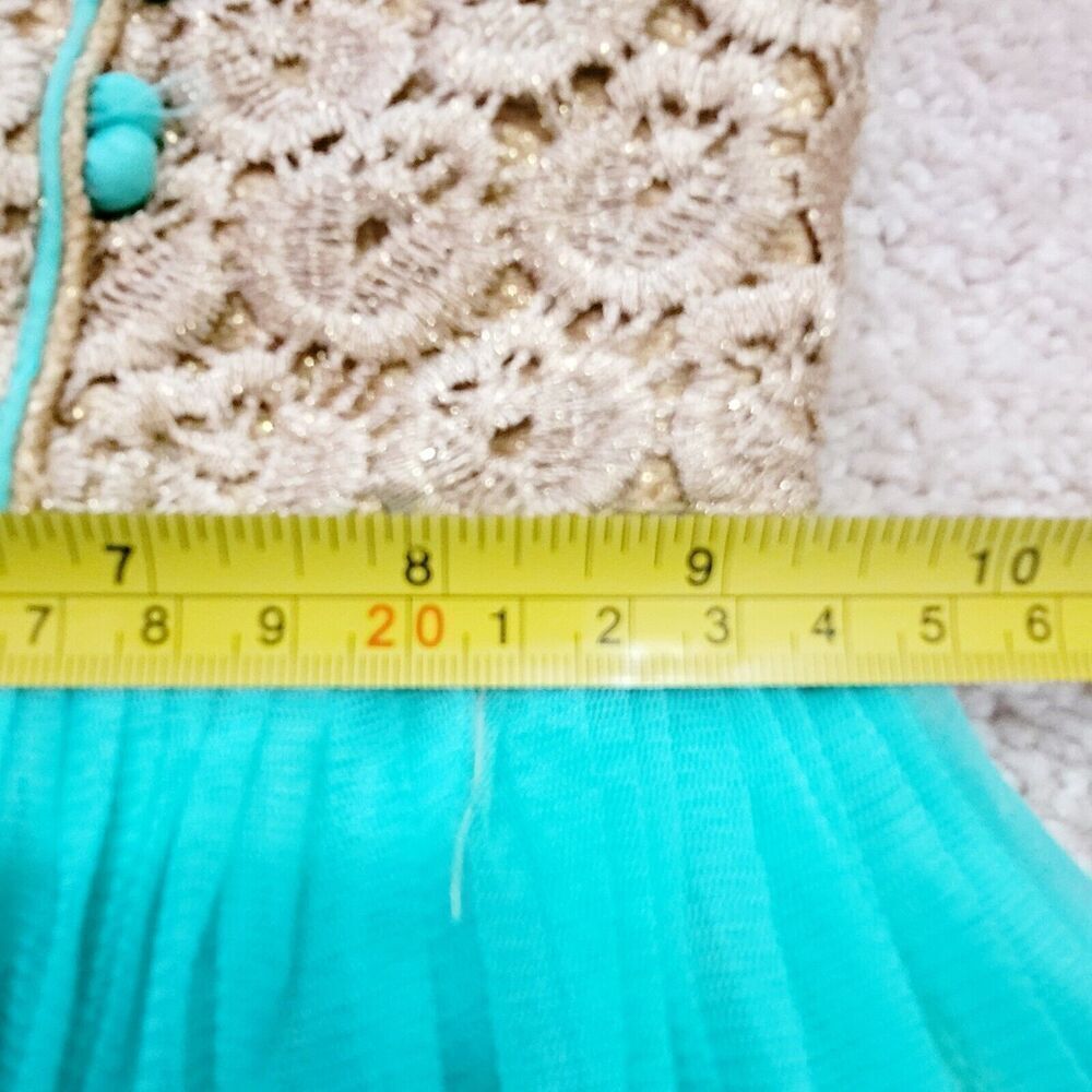 Beautiful Turquoise Blue And Gold Girls Dress Hand Embroidered Front Net Sleeves - Picture 10 of 11